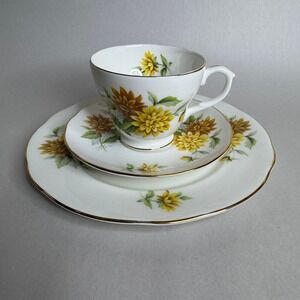 Duchess Bone China England Tea Cup Saucer and Plate Trio Yellow Floral Gold Trim